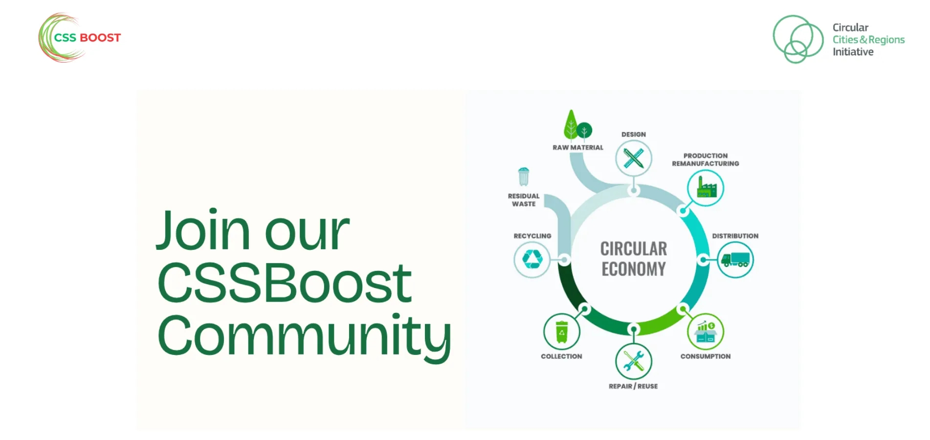 CSSBoost community invitation graphic showing the circular economy cycle from design and production to use, repair, reuse, collection and recycling.