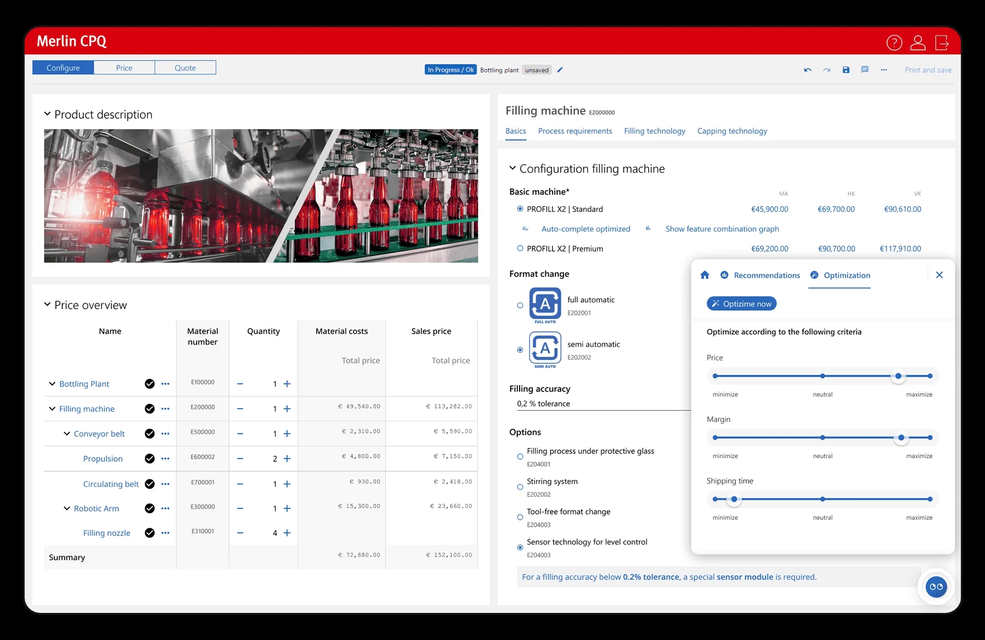 CAS Merlin CPQ configuration interface with product options.